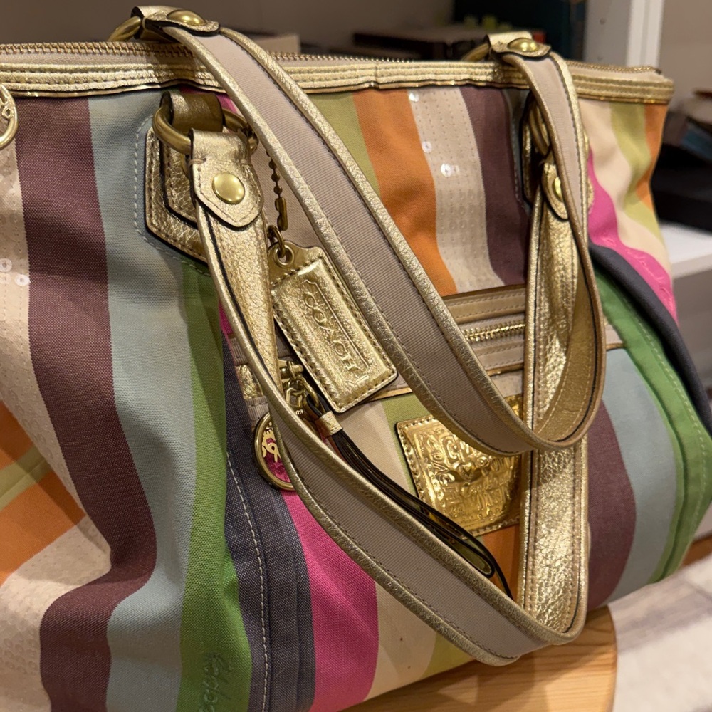 Coach Poppy Multicolor Striped Tote Bag with Gold Accents - Picture 10 of 16